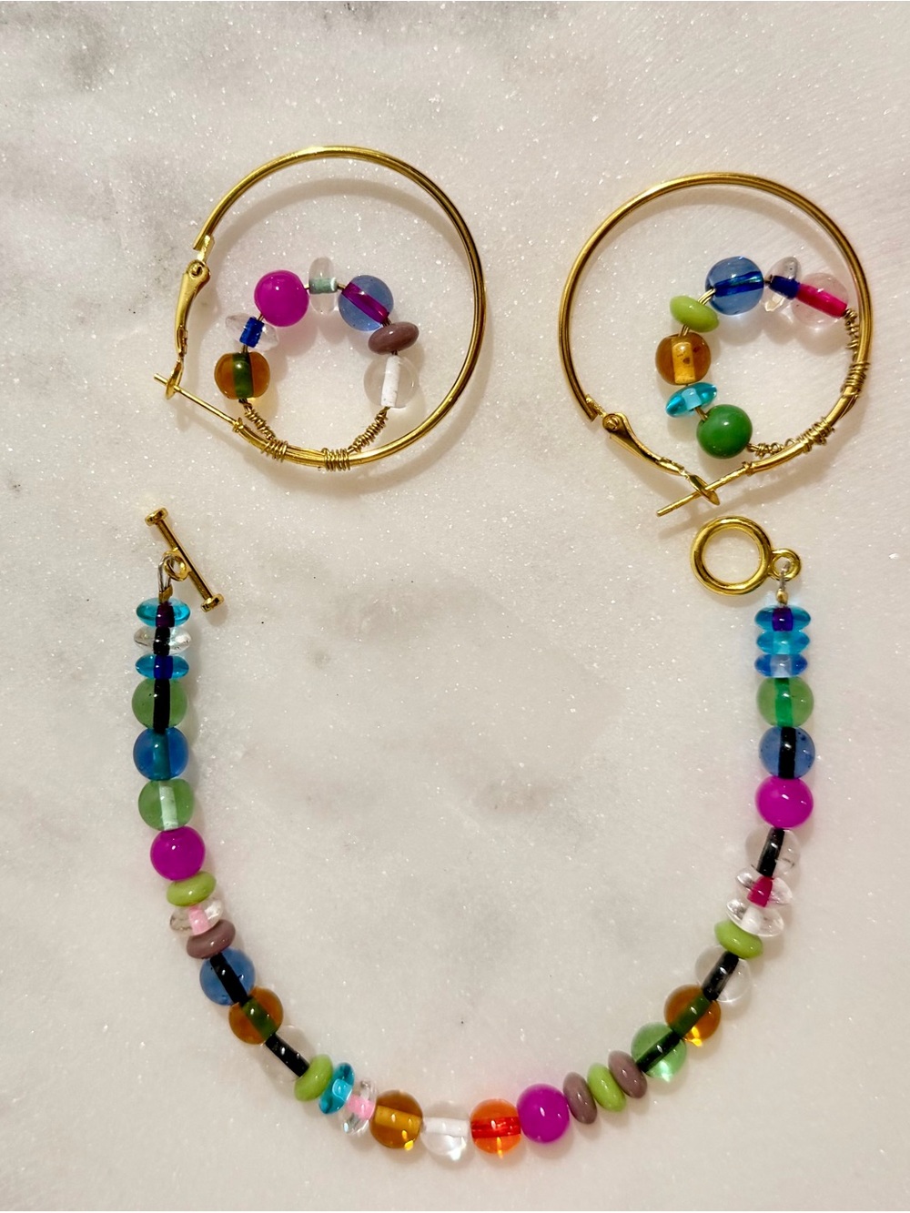 Handmade Multicolor Beaded Bracelet & Hoop Earring Set